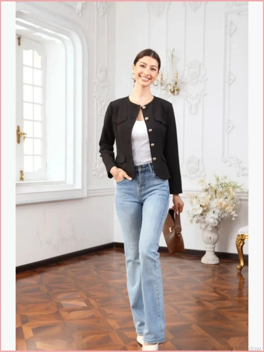 Collarless Blazer Jacket Business Casual Fitted Long Sleeve Button Down Work